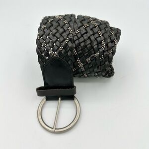 Wide Leather Waist belt woven braided with ball chain metal beading